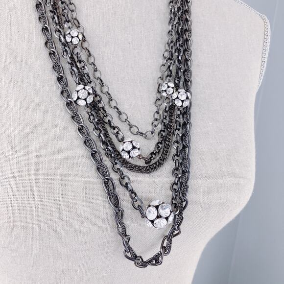 Signed VCLM Multi-Strand Gunmetal Chain Necklace with Crystal Ball Accents - Picture 6 of 9